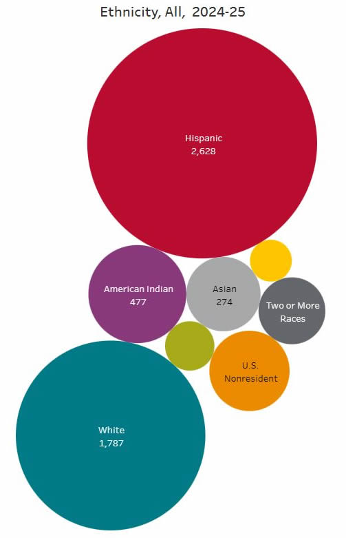 Hispanic 2628, White 1787, American Indian 477, Asian 274, Two or More Races 222, U.S. Nonresident 320, Black or Afroamerican 121, Race/Ethnicity Unknown 87