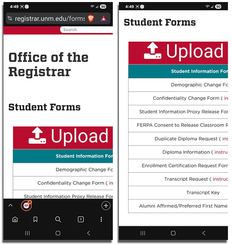 Screenshots showing nonresponsive Student Forms page